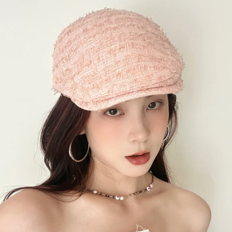 Ins New Sweet Pink Berets Caps for Women Spring and Autumn Travel Versatile Sunscreen Retro Texture Rough Edge Forward Hats