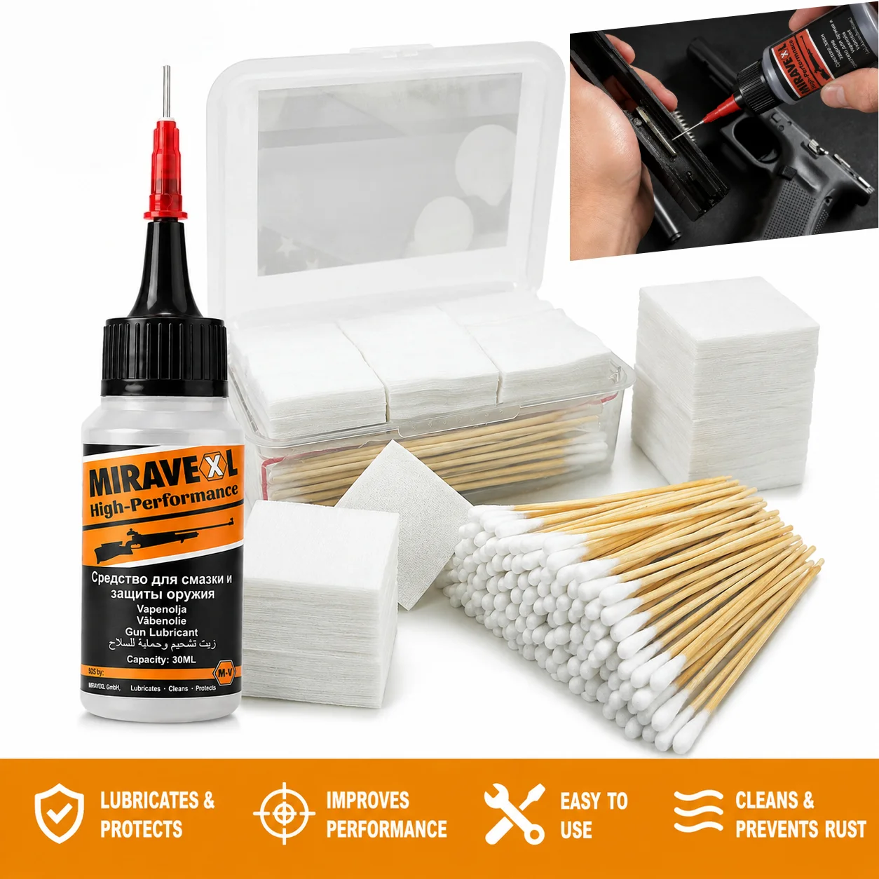 MIRAVEXL Gun Cleaning Kit, 30ML Gun Oil, 100pcs 6in Cotton Swabs, 50pcs Cleaning Patches, Lubrication & Maintenance