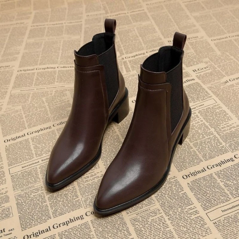 Women Brown Black Pointed Chelsea Ankle Boots Fleece Lined Vintage Block Heel Elastic Slip On Leather Office Short Boots