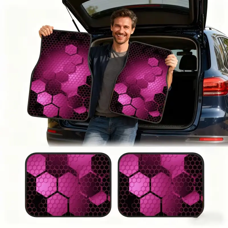 4pcs Rose Pink Honeycomb Print Car Floor Mat Universal Non-Slip Polyester Auto Floor Carpets Set Interior Accessories For SUVs view 4
