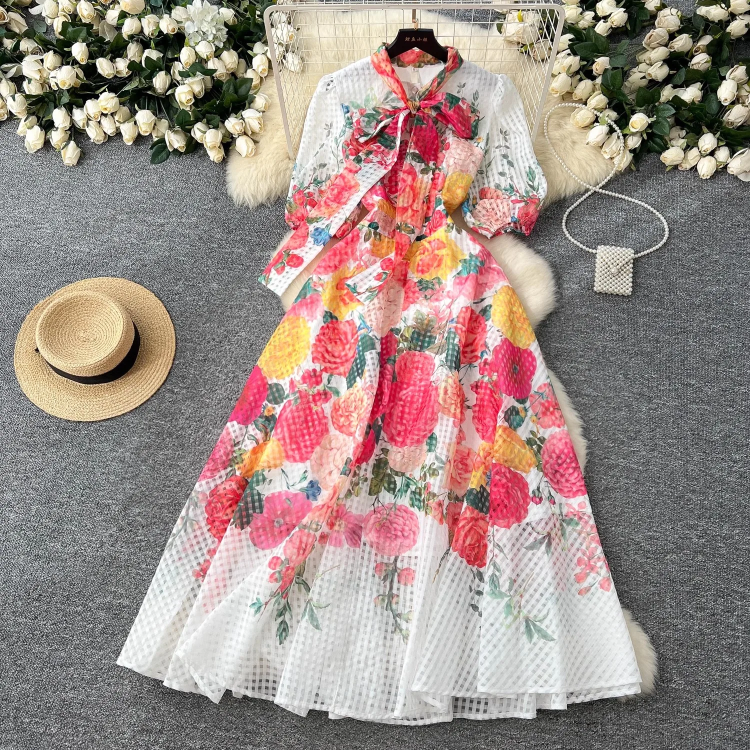 Summer Bohemian Gorgeous Flower Chiffon Maxi Dress Women's Bow Tie Short Puff Sleeve Floral Print Holiday Boho Long Robe Vestido