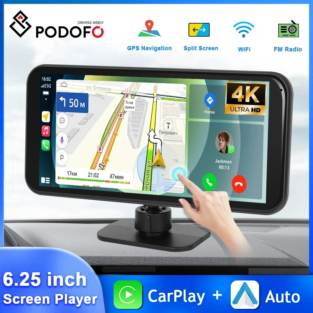 Podofo 6.25'' Car DVR Dashboard Carplay Android Auto Car Monitor Drive Recorder WIFI Airplay Android Cast Smart Screen Player