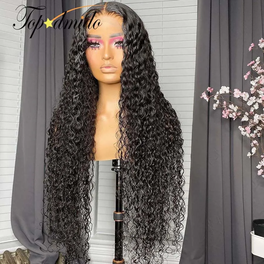 Topodmido Curly Peruvian Hair Transparent Lace Wigs with Middle part 13x4 Lace Front Human Hair Wigs with Natural Hairline