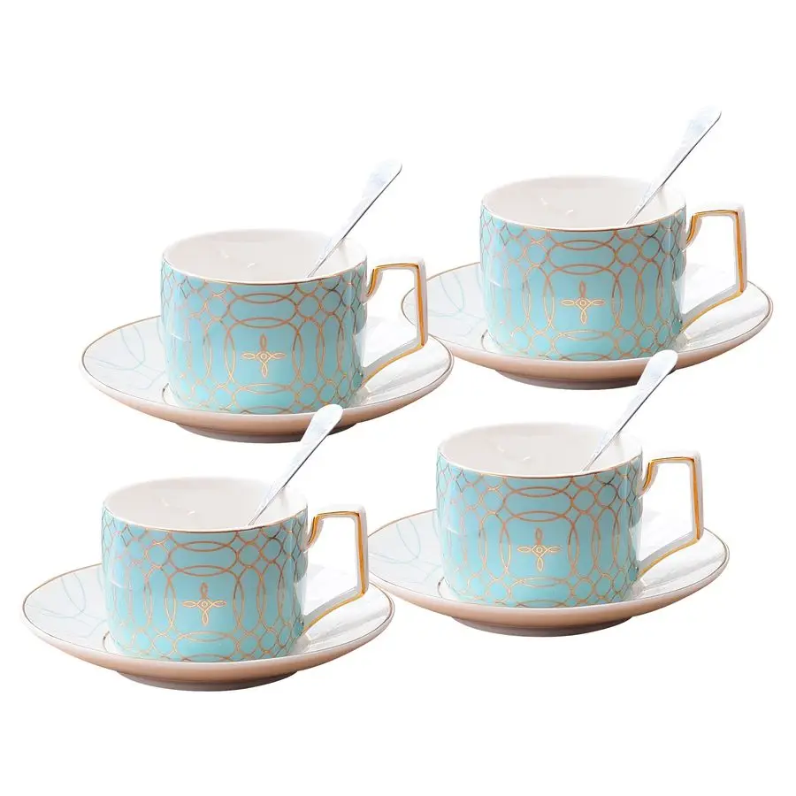 

Porcelain Tea SetService of 4 Modern Elegant Mint Green Tea Cup and Saucer SetCoffee Cup Set with Saucer and Spoon,TCS15 4 Blue