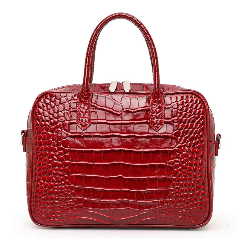 Genuine Cowhide Glossy Croc Embossed Mini Box Handbag Detachable Cross Strap Multi Pocket Ladies Shoulder Bag Wedding Daily Work
