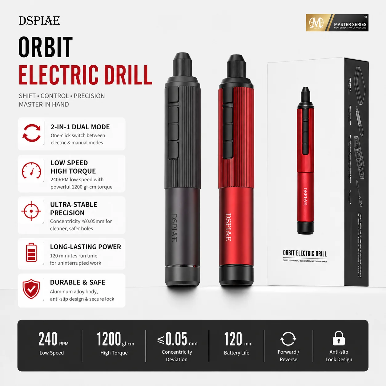 

DSPIAE Orbit Electric Drill, 2-in-1 Electric & Manual Precision Hand Drill 240RPM Low-Speed High-Torque Mini Drill for Model Kit