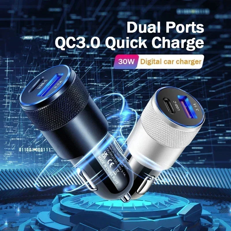 Mini USB C Car Charger Fast Charging Cigarette Lighter  30W PD Phone Power Adapter For Iphone Xiaomi Samsung Socket USB Charger