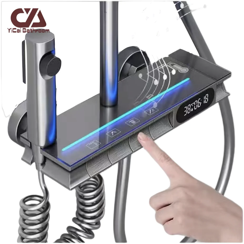 

Digital Display Wall-Mounted Brass 4-Way Bath Mixer Faucet Temperature Rain Piano Keys Water Flow Power Generation Shower Set