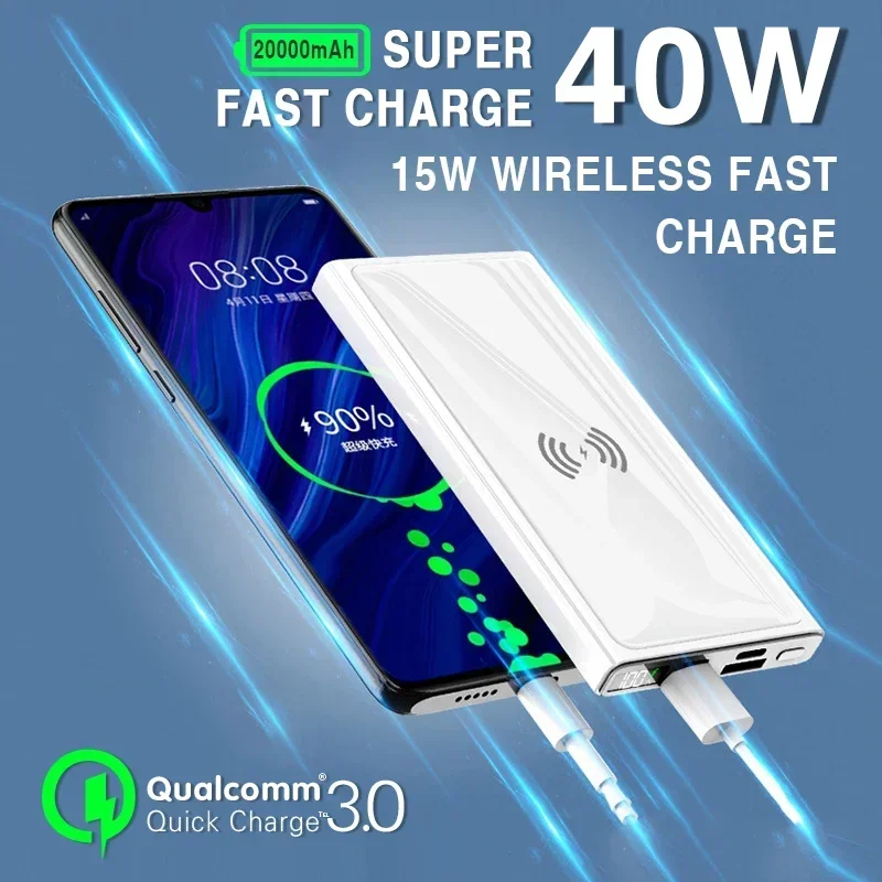 

PD40W Wireless Power Bank Portable 20000mah Charger Fast Charging Digital Display External Battery for iphone Xiaomi Samsung