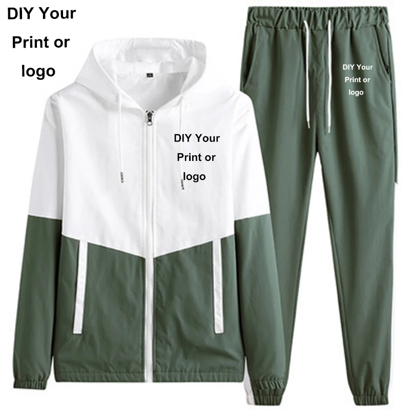 Men Logo Customized Tracksuit Casual Joggers Hooded Sportswear Jackets and Pants 2 Piece Sets Hip Hop Running Sports Suit