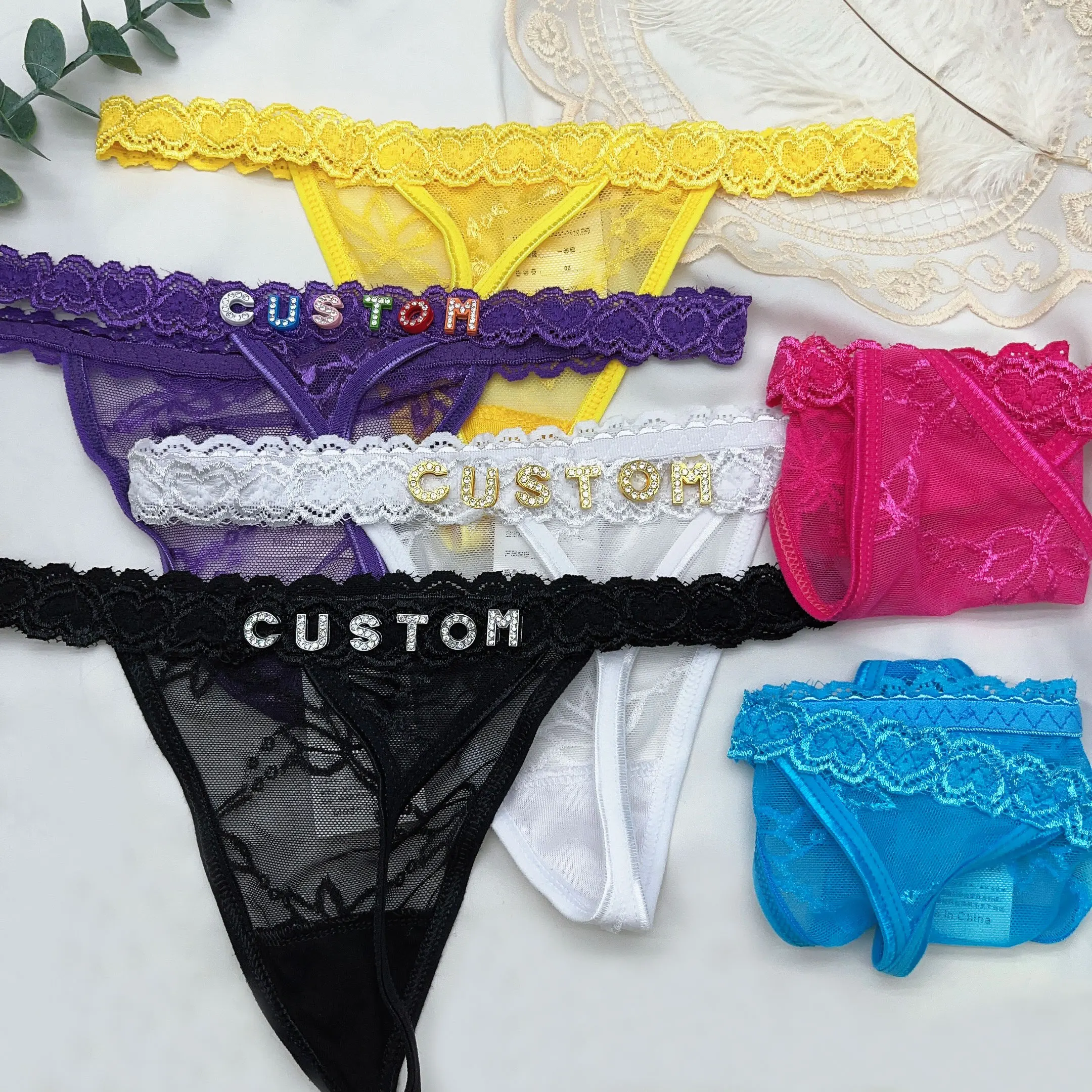 Personalized Thong Sexy Lace Custom Name Thong Panties DIY Crystal Letters Underwear Womens Bikini G String Hotwife Lover Gift