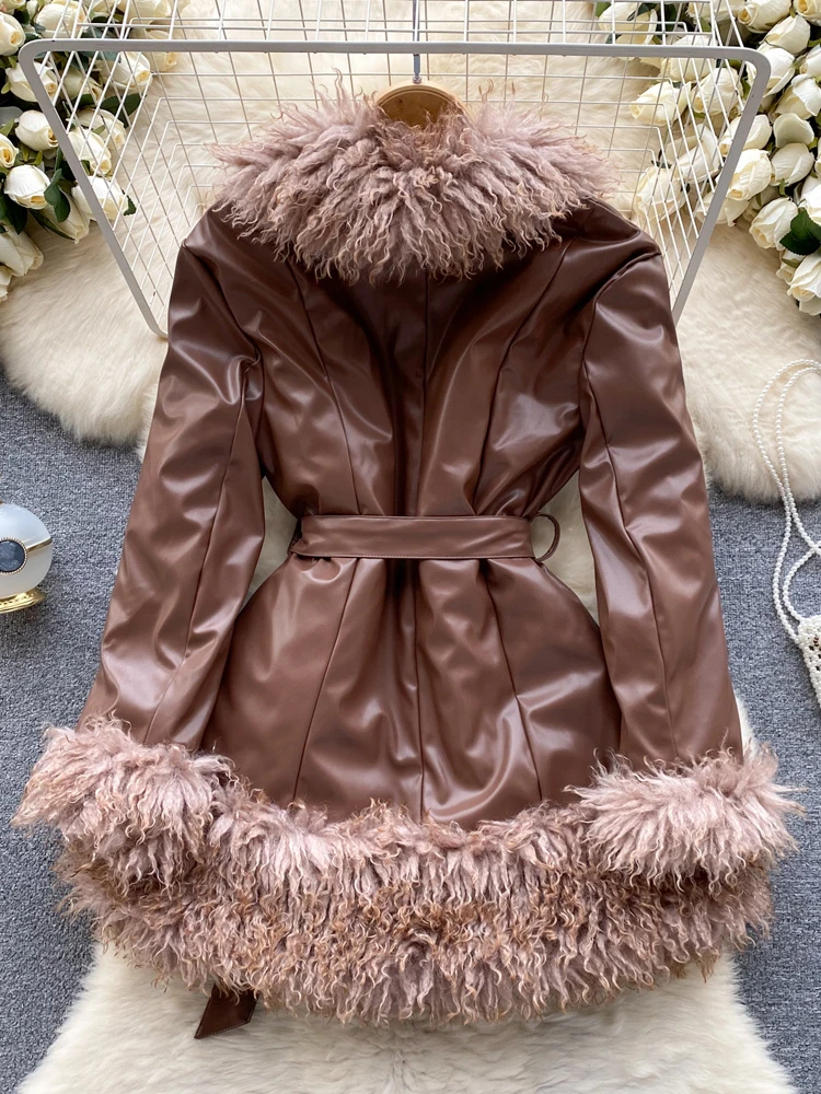 Women Warm Faux fur coat Warm Cotton padded jacket with belt Brown 2024 Winter Design outwear Vintage Parkas INKEO 3O350