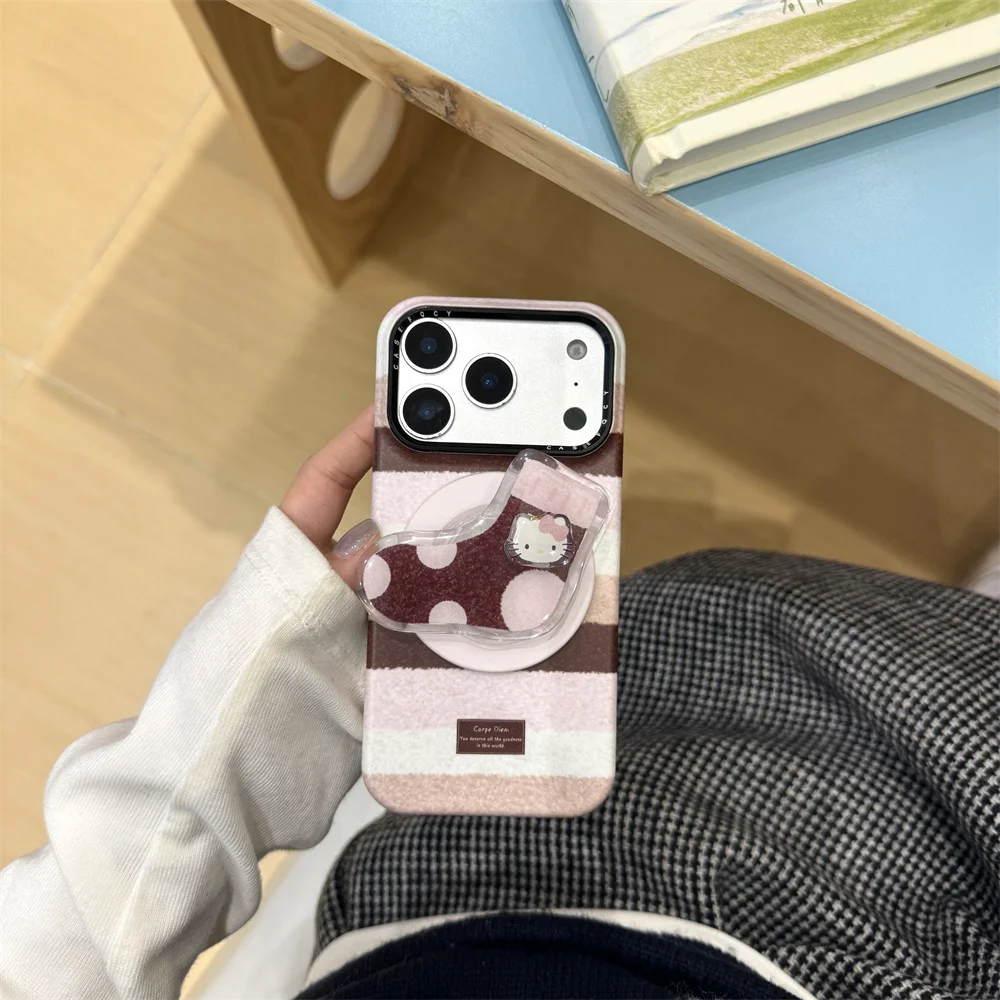 

Korean Striped Polka Dot Cute Rotate Kitty Magnetic Phone Case or iPhone 17 Pro 15 14 16 Pro Max Cover With Magsafe Stand Funda