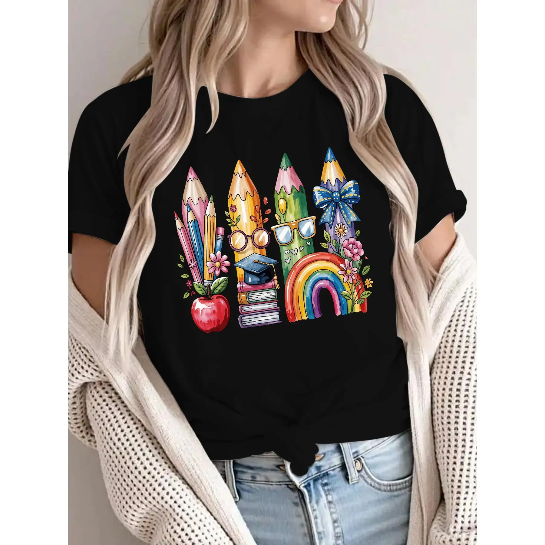 

"Funny Teacher T-Shirt for Women | Cute Pencil & Rainbow Graphic Tee | Back To School Educator Gift | Vintage Washed Top"