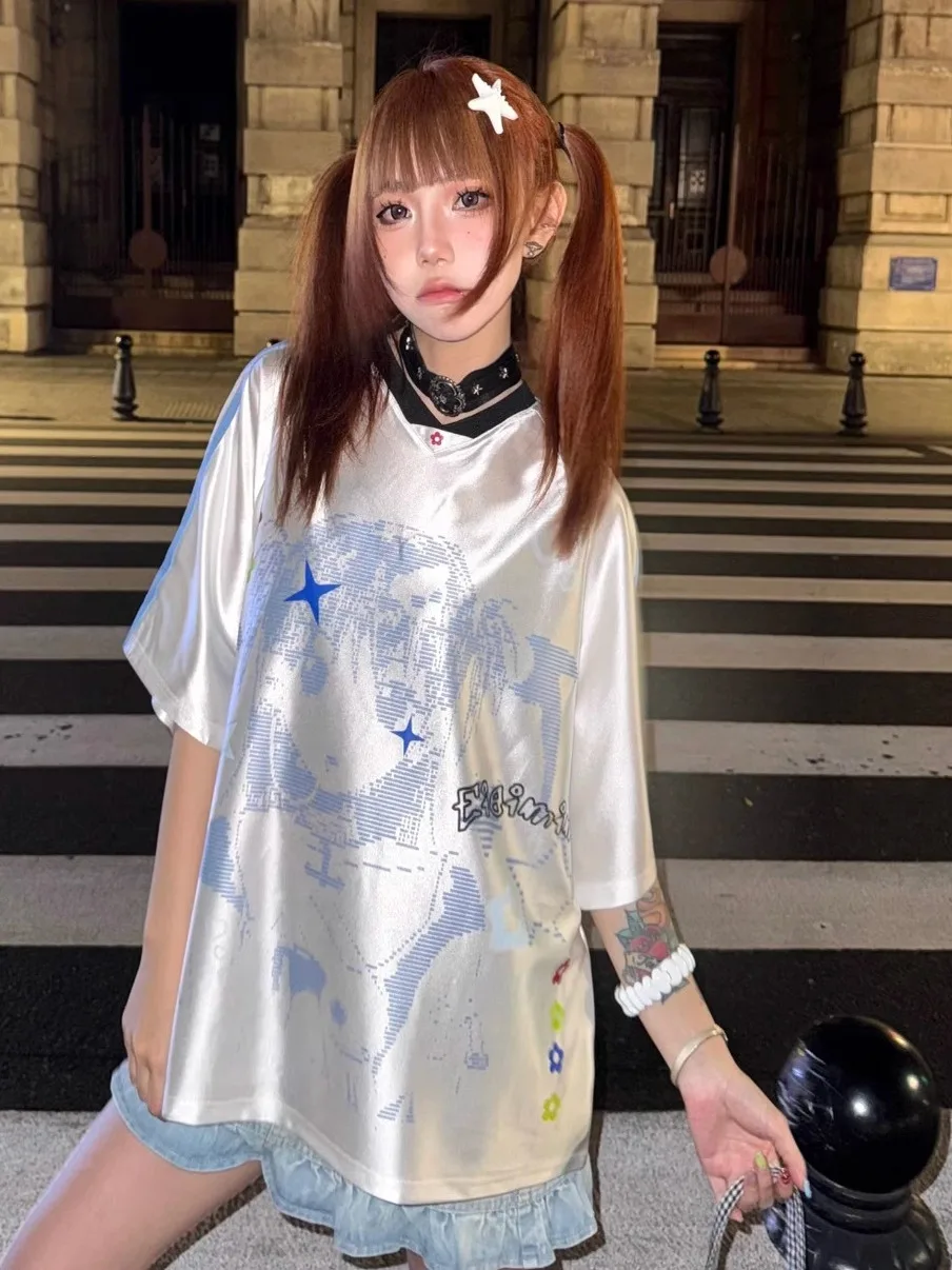 

Loose Casual ort Sve V-Ne Patchwork T-irt American Retro Cartoon Girl Ball irt Summer New Sle Teenage Faion Top