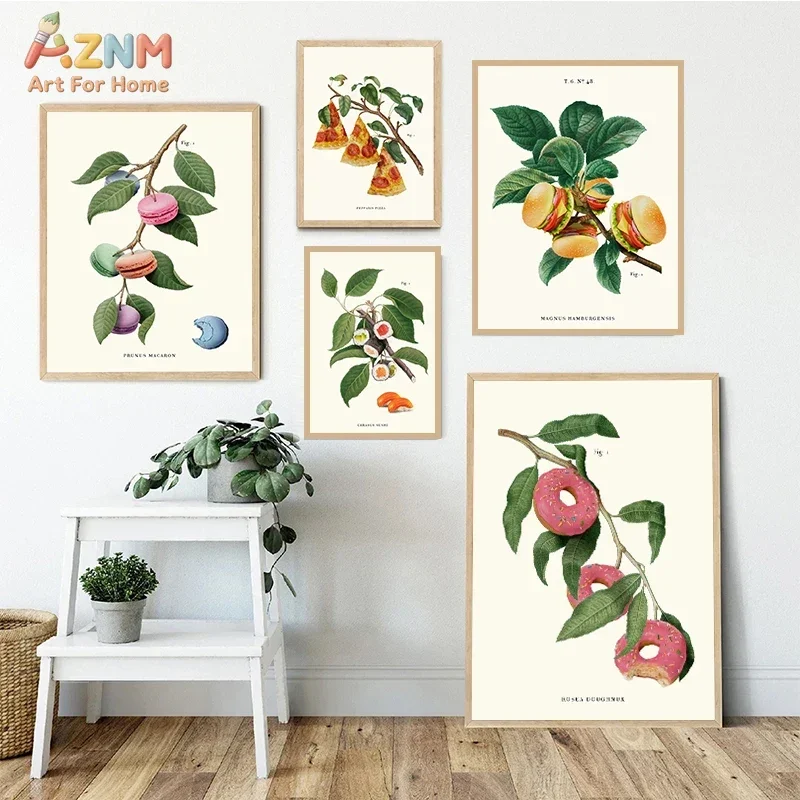 AZNM Funny Vintage Food Botanical Canvas Wall Art, Macaron Donut Pizza Burger Surreal Fruit Print Kitchen Dining Room Home Wall