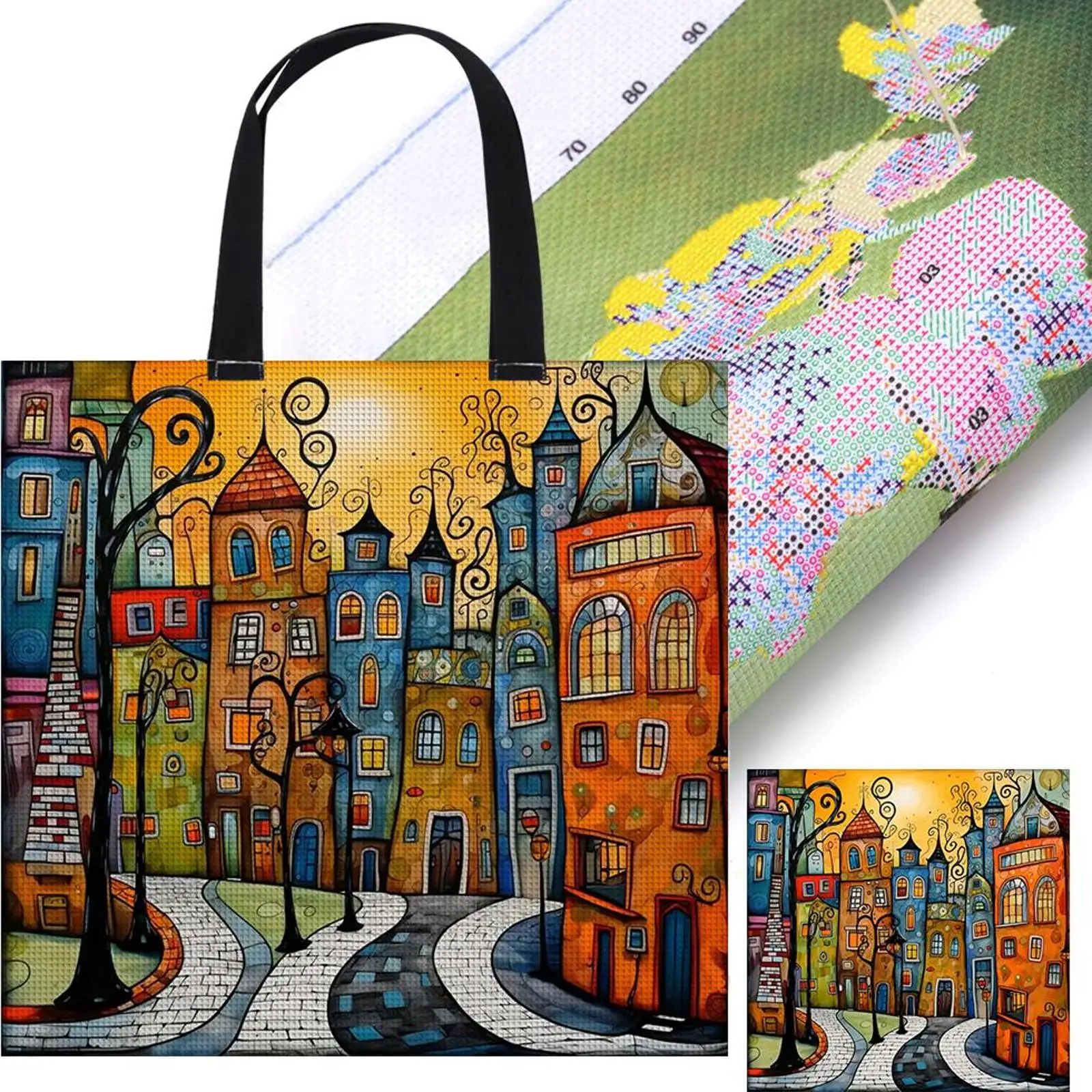

11CT Colorful Buildings Embroidery Kit Personalized Bag DIY Sewing Project Bag Manual Cross Stitch Handbag Gift for Friends