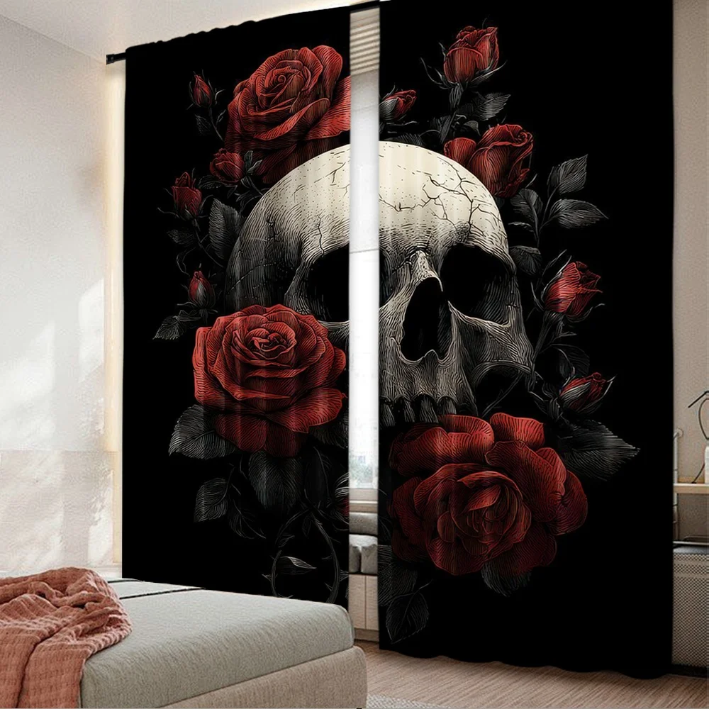 2D-Flachdruck, 2 Stück, Vorhänge für Fenster, Halloween-Vorhänge mit Totenkopf und Rosen, digital bedruckte Polyester-Vorhänge, festliche Vorhänge für