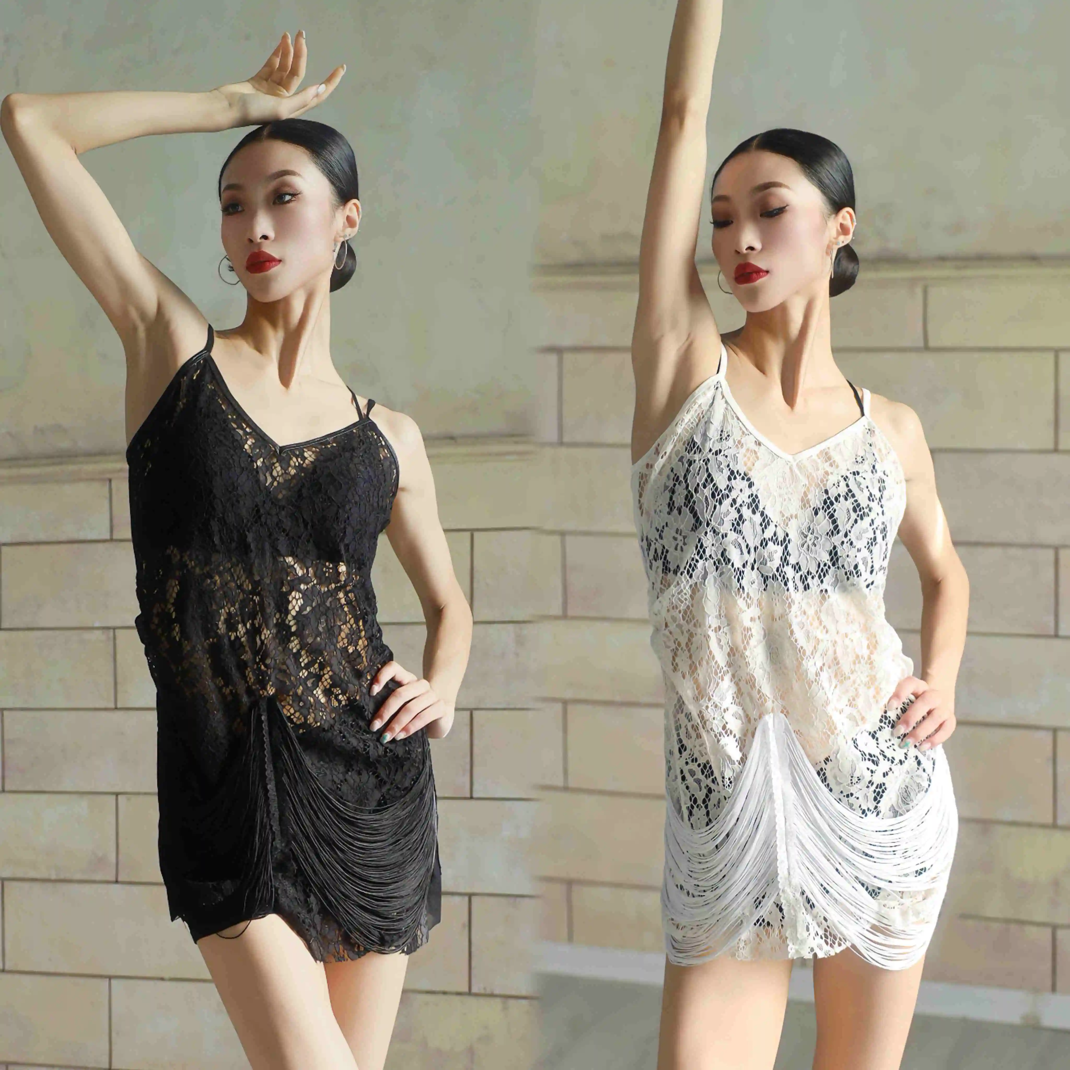 

See Through Sexy Latin Dance Dress Women White Black Lace Fringe Dress Rumba Cha Cha Dress Tango Dance Practice Clothing SS1413