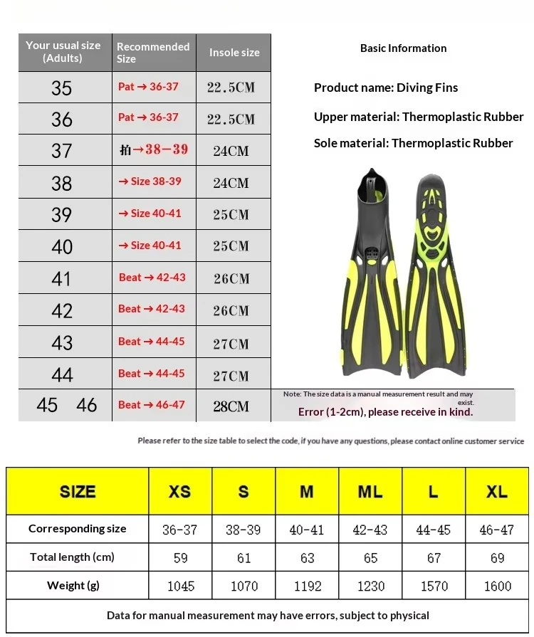 Long frog-shaped rubber diving fins for adults - for snorkeling, freediving, scuba diving and swimming training