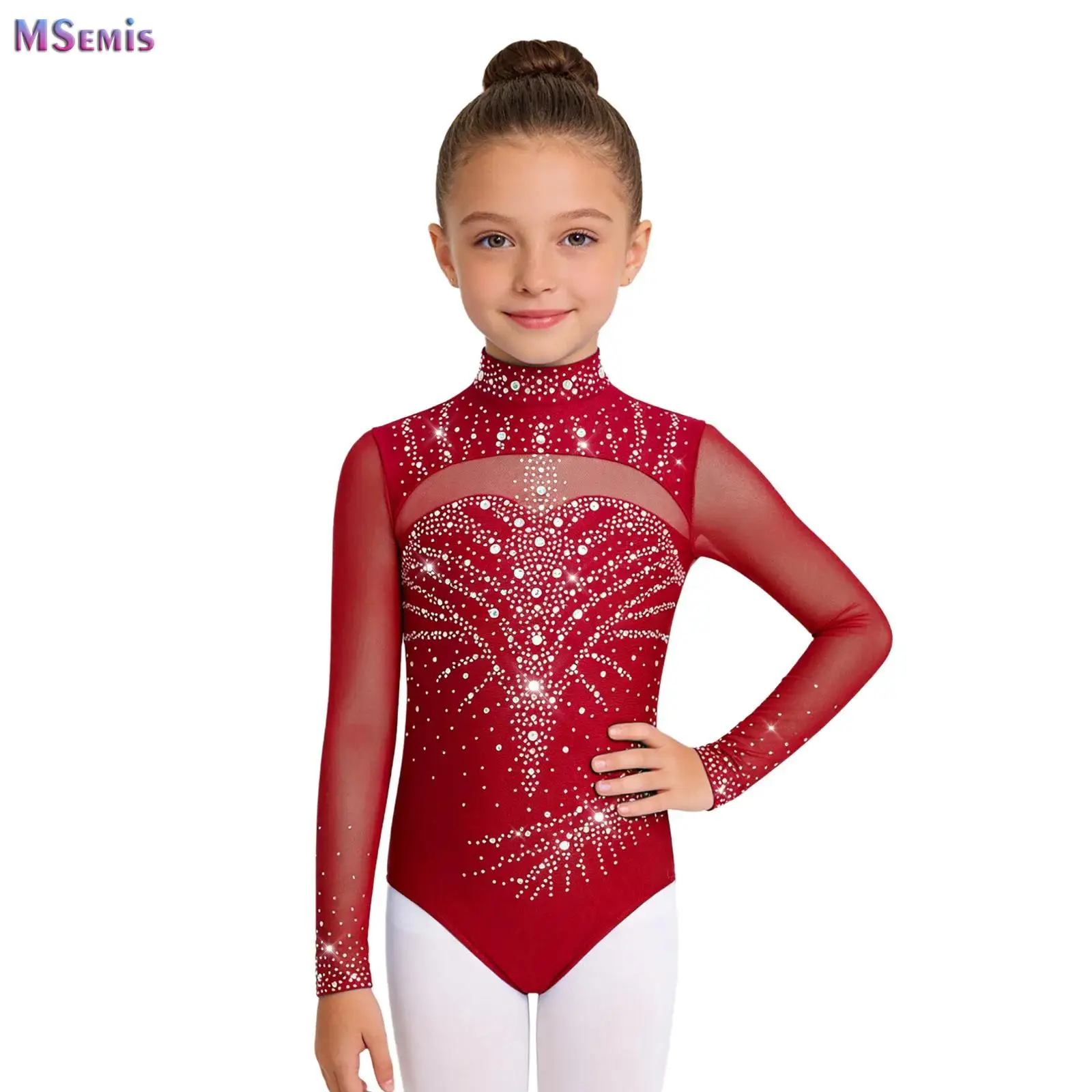 Kids Girls Figure Skating Leotards Jumpsuit Long Sleeve Rhinestone Gymnastics Artistic Ballet Jersey Competition Dancewear