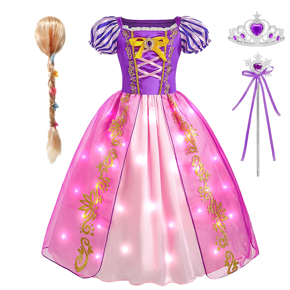 Disney Rapunzel Dress Girls LED Lights Up Dress Kids Princess Dresses Rapunzel Cosplays Costumes Carnival Children Clothing