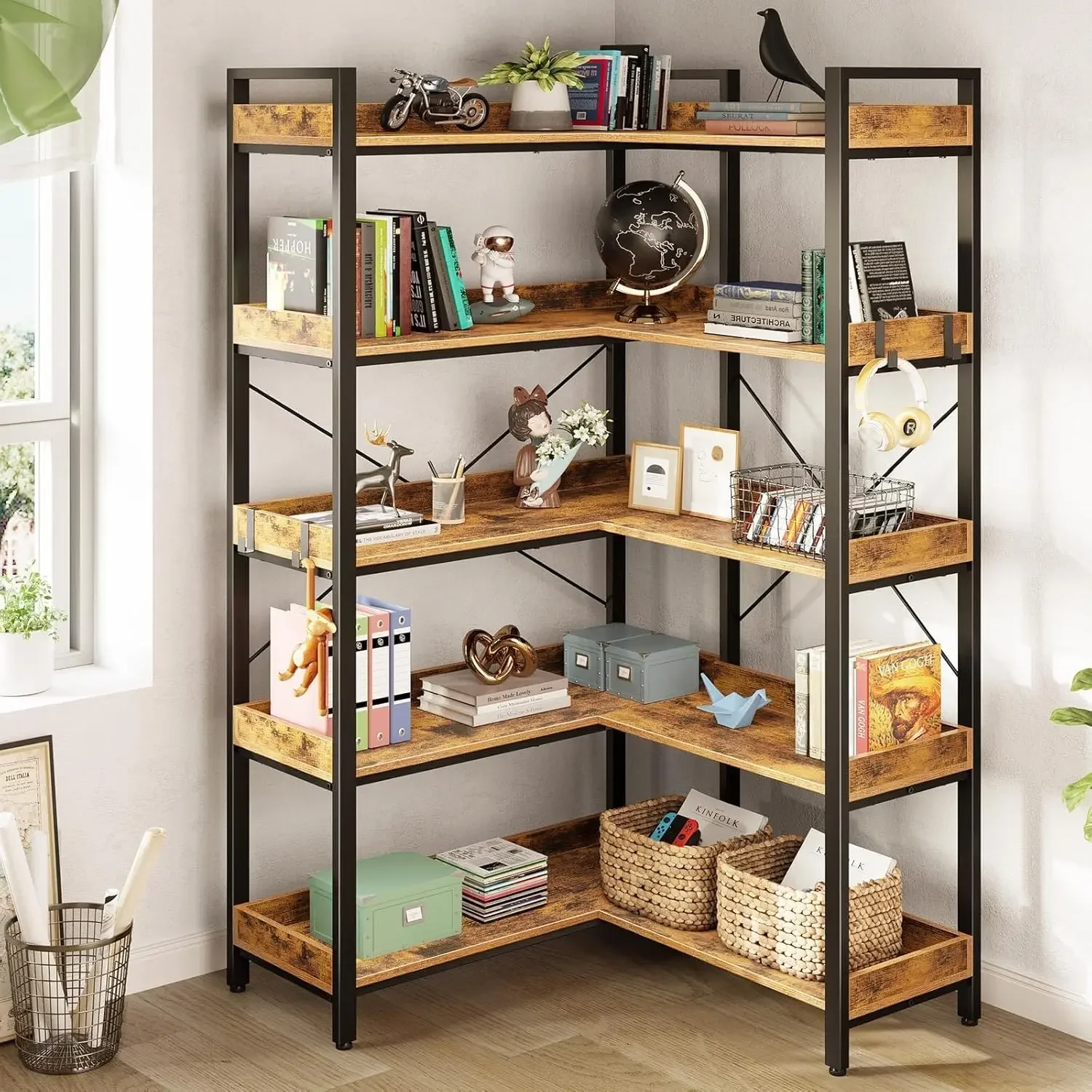 Rolanstar bookshelf with 5 layers, reversible corner, 65 inch industrial wood bookshelf, with open bookshelf and metal frame