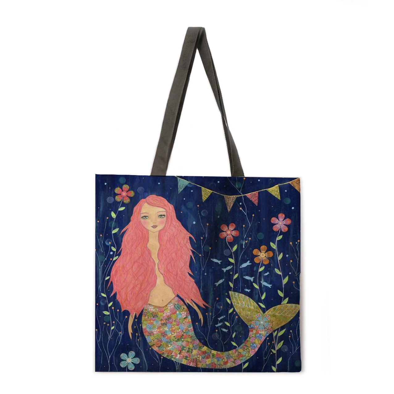 

Mermaid Linen Bag Handbag Lightweight Shoulder Bag Large Capacity Eco-friendly Shopping Bag Handbag Tote Bag