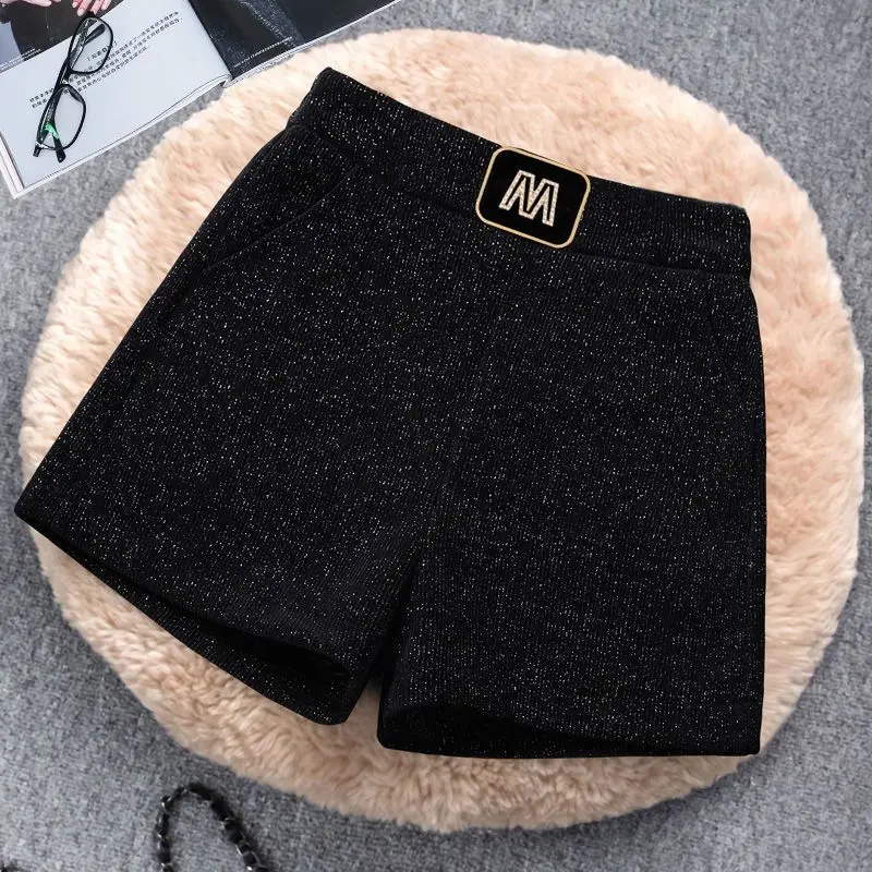 Bright Silk Shorts Autumn Winter Elastic Waist Solid All-match Loose Golden Velvet Wide Leg Pants Elegant Fashion Women Clothing