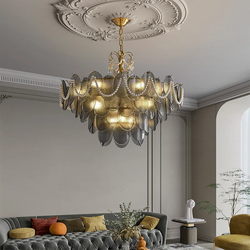 French Crystal Chandelier Feather Glass Hanging Lamp Light Luxury Simple Home Decor For Villa Living Room Copper Pendant Light