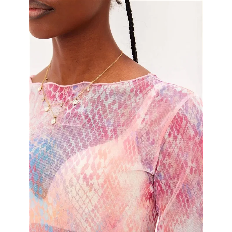 ASDS-ผู้หญิงดอกไม้ Tie Dye SHEER ตาข่ายมินิเดรสเซ็กซี่-แยก Bodycon Flared แขนยาว Beach PARTY DRESS