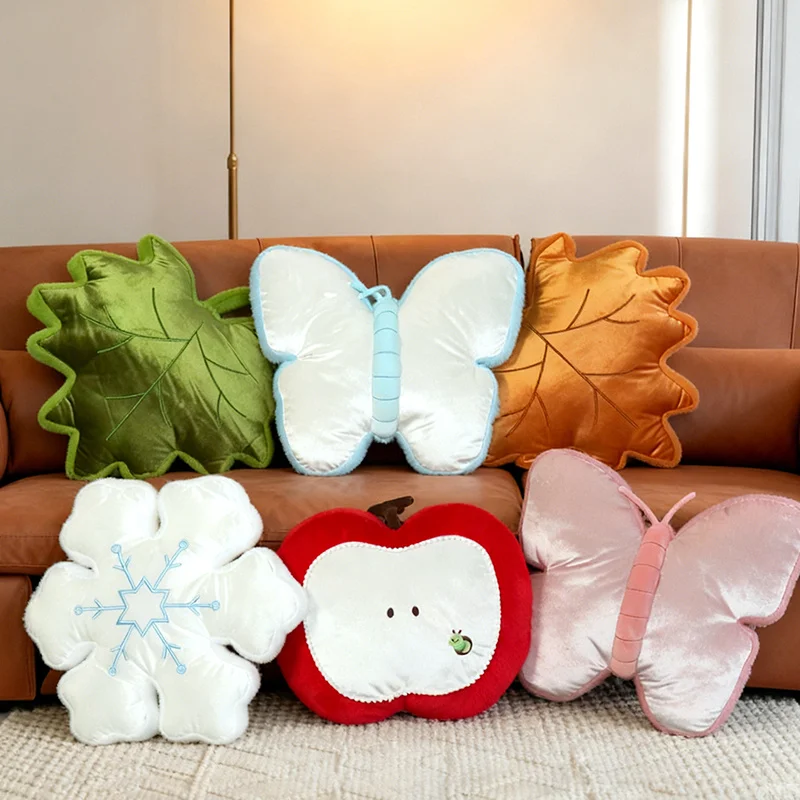 Nordic Lifelike Green Maple Leaf Plush Velvet Pillow Autumn Maple leaves Apple Snow Butterfly  Nap Sleep Cushion Sofa Decor Gift
