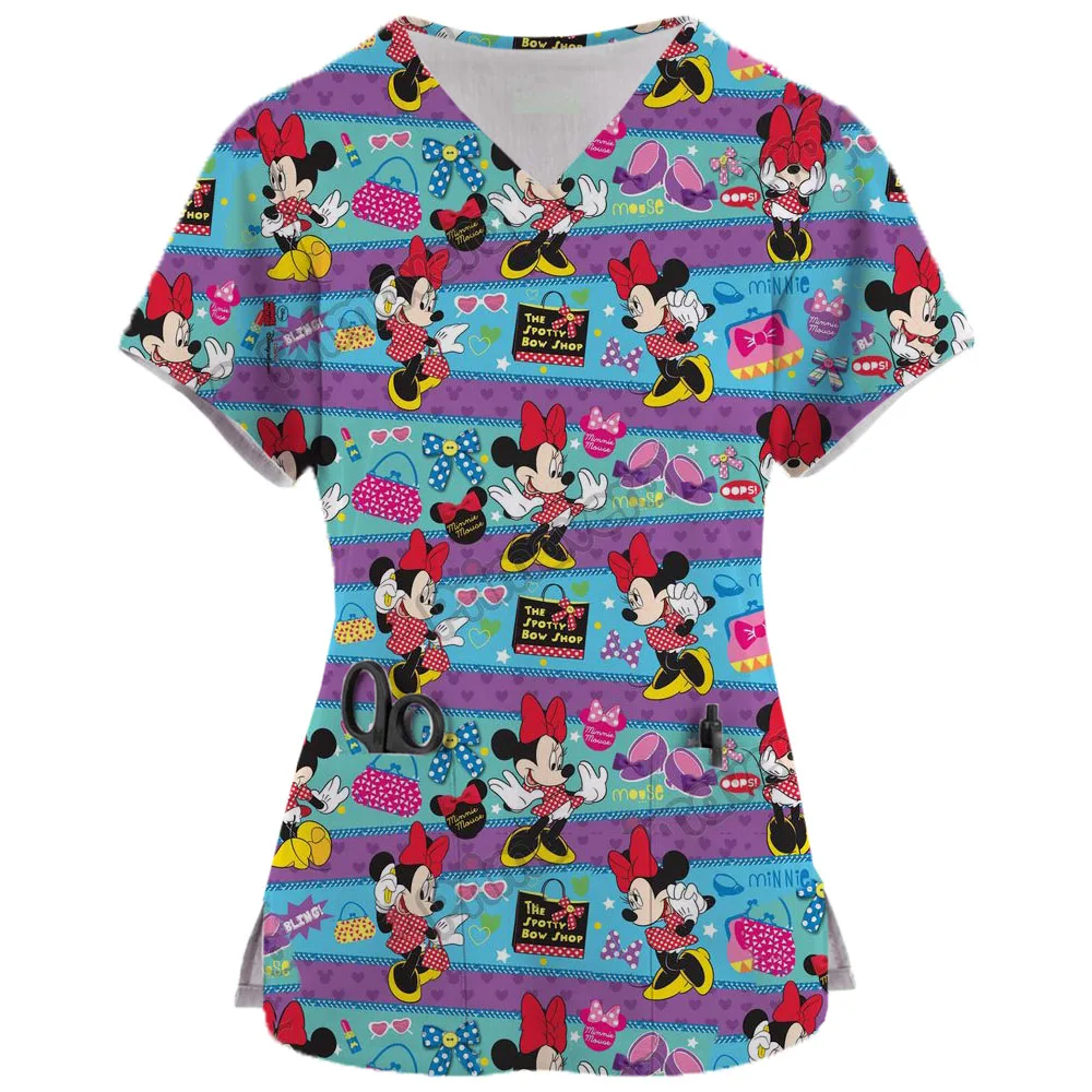 

Disney Nurse Uniform Cute Minnie Print Short Sleeve V Neck Mickey Mouse Workwear Pocket Medical Scrubs Overalls Carer Uniforms