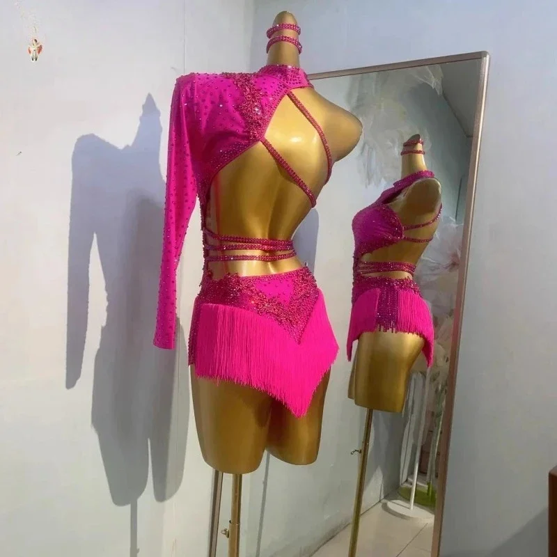Women Customsized AB Stones Rumba Chacha Tango Performance Skirt Adult Latin Dresses Latin Dance Competiton Tassel Dress