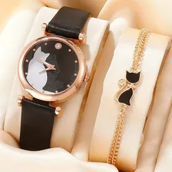 Fashion Watches Women Cute Cat Ladies Simple Quartz Wrist Watches Lady Leather Strap Casual Watch Female Clock Montre Femme