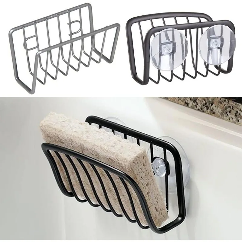 Suction Cup Sponge Holder Stainless Steel Wall Mounted Kitchen Sink Organizer Rack Draining Storage Basket for Sponge Scourer