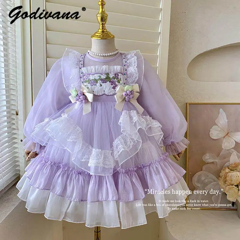Sweet Baby Girls Lolita Princess Dress Spring and Autumn 2026 New Kids High End Embroidery Floral Bow Tulle Birthday Dresses