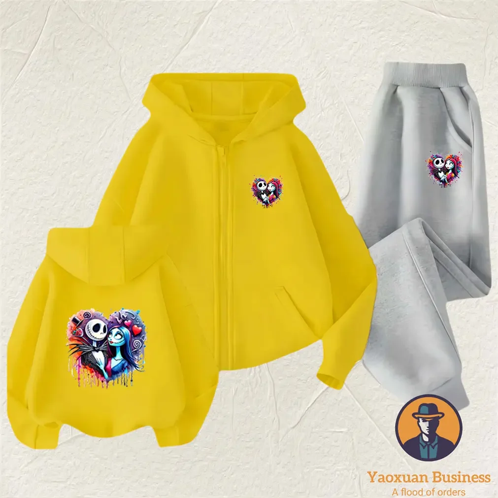 

2025 Kids Nightmare Before Christmas Jack Skellington Zip-Up Hoodie Set Thermal Fleece Lined Windproof Autumn