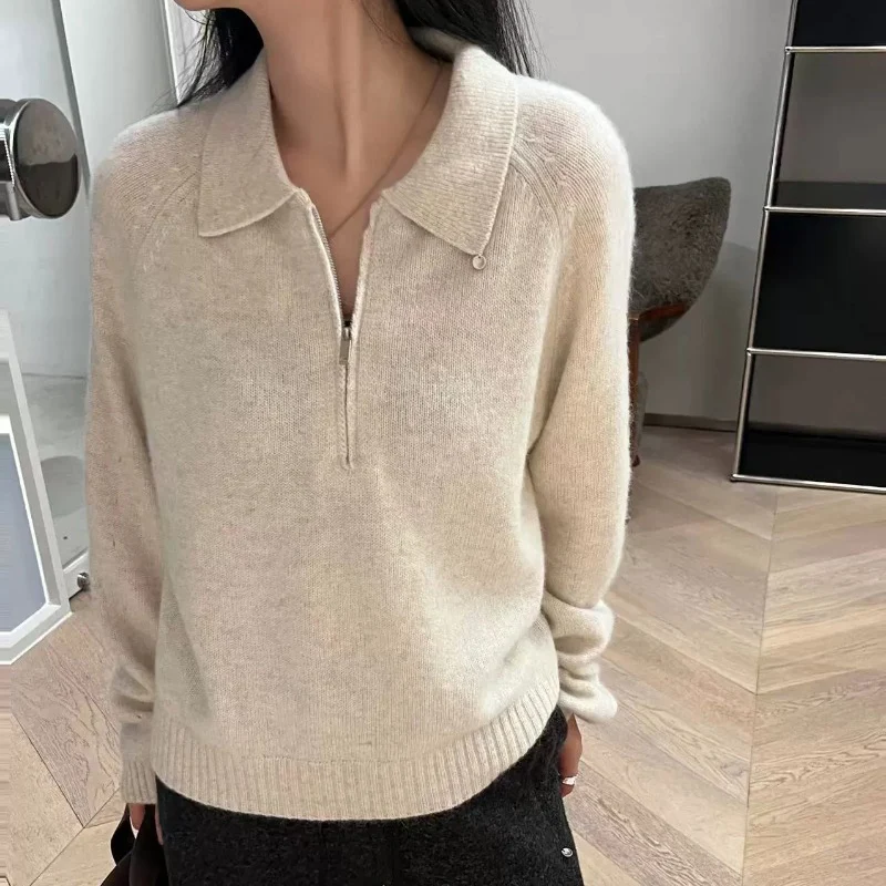 

Women Autumn Solid Color Lapel Sweater Y2K Vintage All Match Knitted Pullover Woman Zipper Korean Streetwear Warm Jumpers Female
