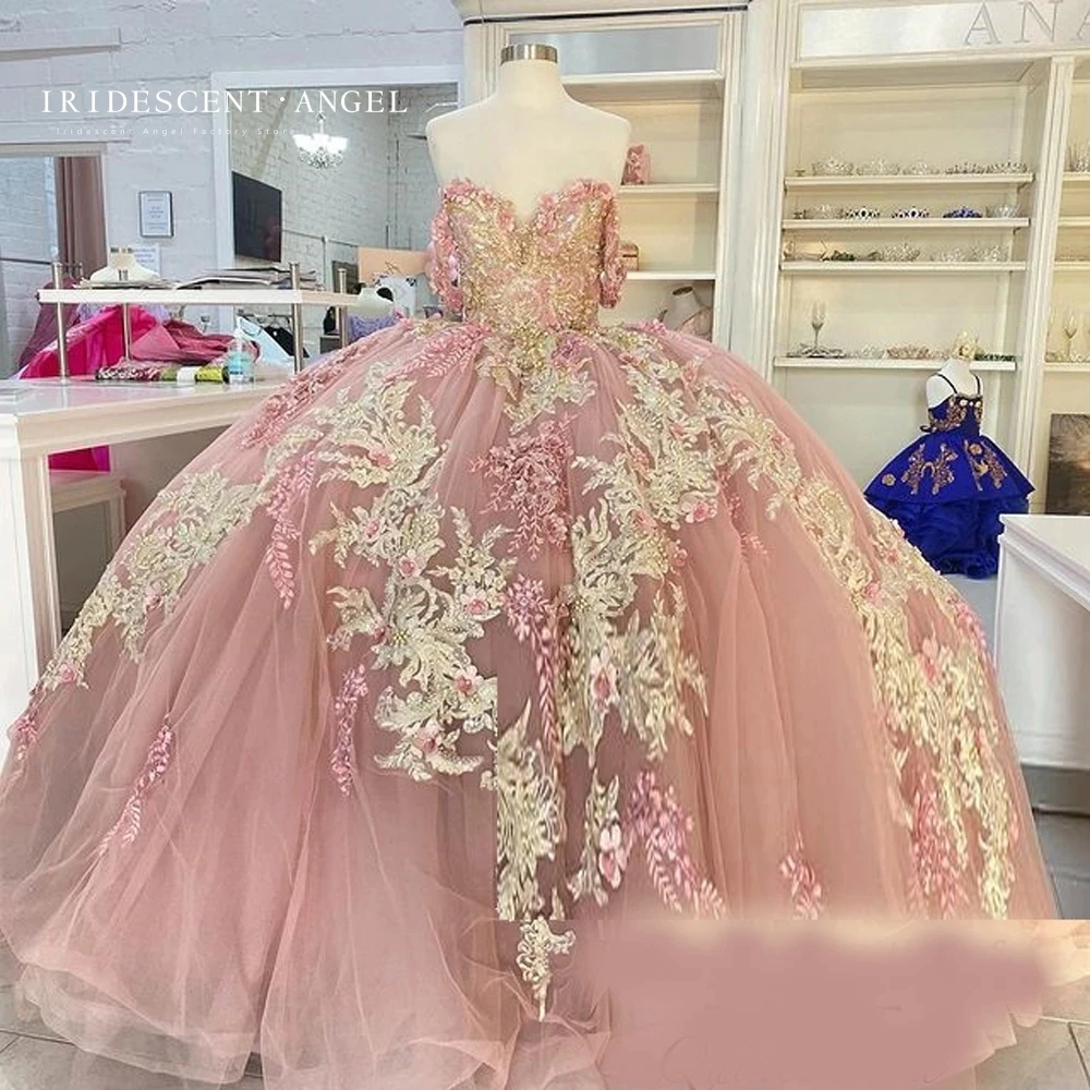 Abito da ballo rosa iridescente di lusso con Appliques Vestido De 15 aecos Quinceanera abiti perle Off The Shoulder Girls Party