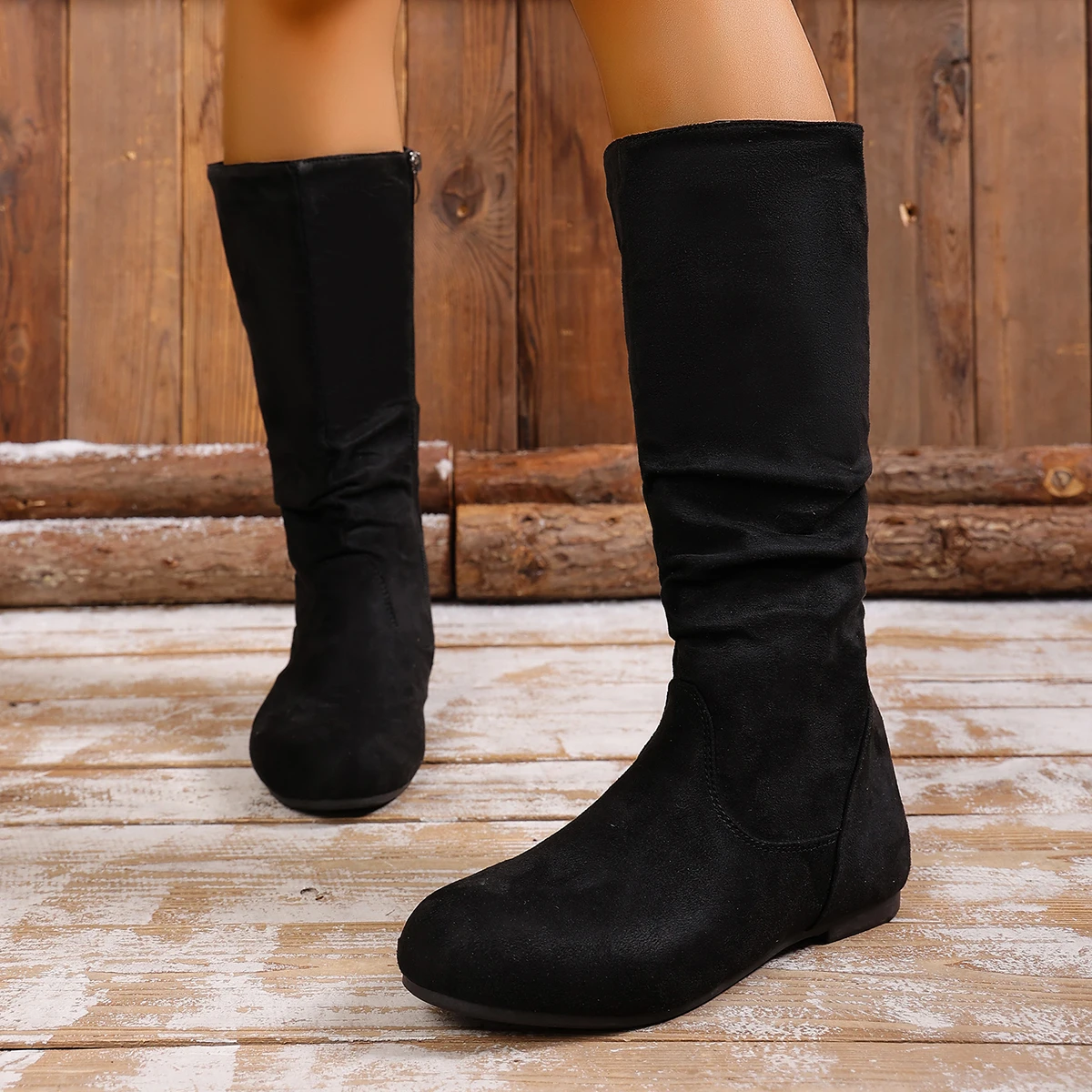 Heißer Verkauf Damen Stiefel Side Zip Mittlere Waden Stiefel Trend Wildleder Frauen Flache Stiefel Luxus Plus Größe Frauen Schuhe Hohe Qualität Botas Mujer – Detail 11