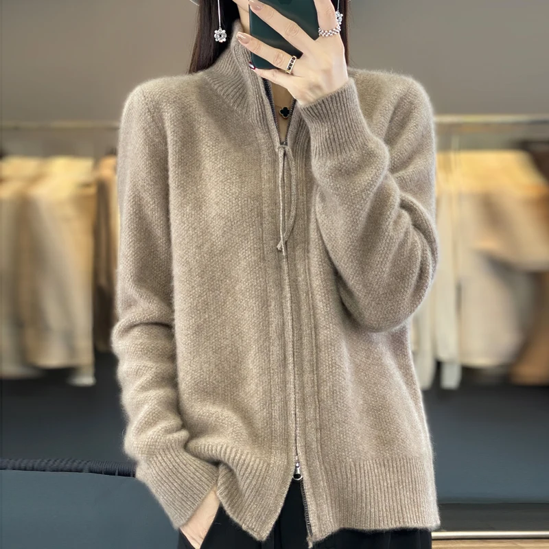 European Fat MM Stand Collar 100% Wool Zipper Knit Cardigan Women Loose Large Size Sweater Autumn and Winter Thick Hot Sale Top