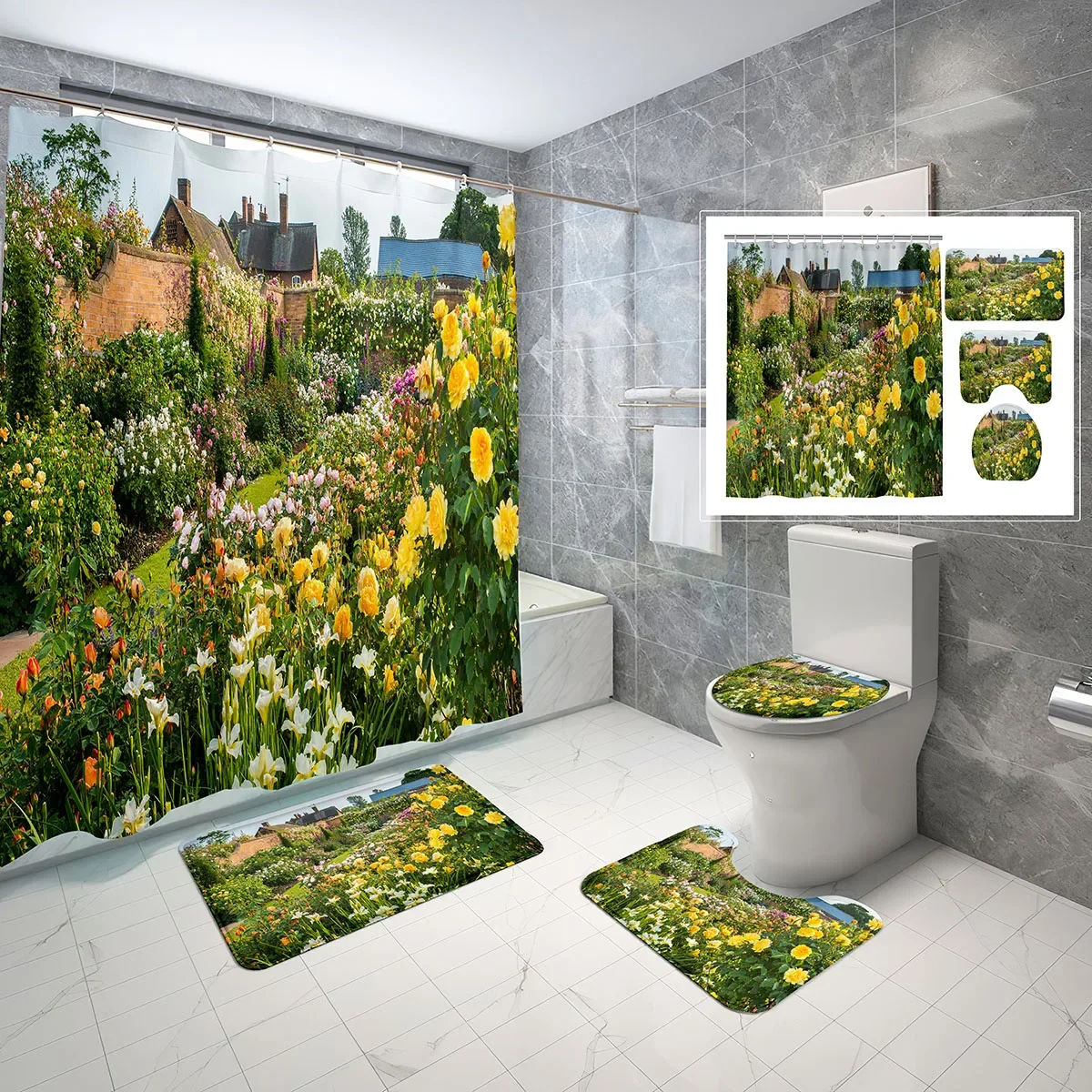 4 Pcs European Garden Shower Curtain Sets with Toilet Lid Cover and non-slip Bath Mat Spring Daffodils Grass Shower Curtain Set