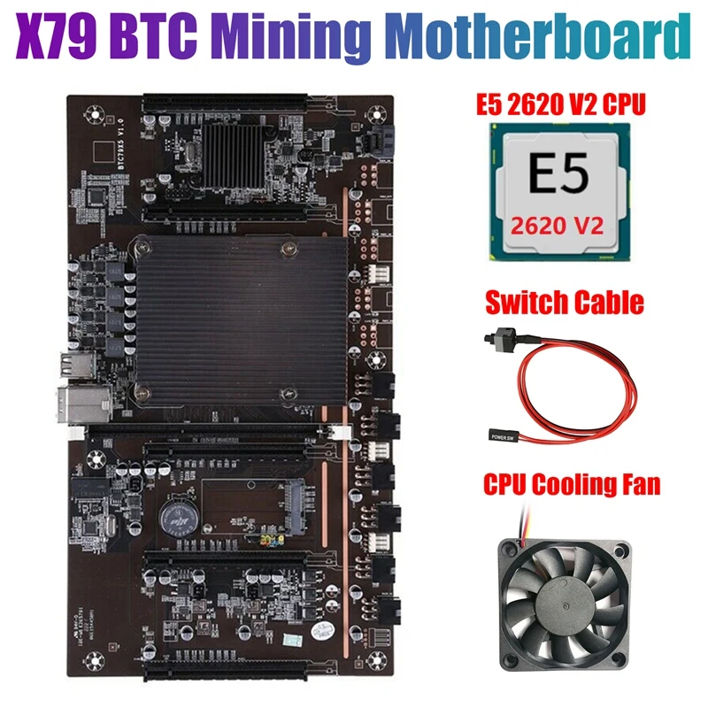 

NEW-BTCX79 H61 Mining Motherboard With E5 2620 V2 CPU+Fan+Switch Cable DDR3 Support 3060 3070 3080 Graphics Card For BTC