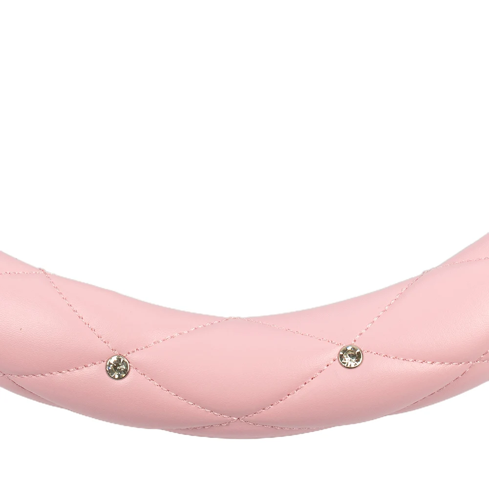 Car Steering Wheel Cover 38cm 15 Inch with PU Leather and Rhinestone Accent Made to Enhance Grip and Visual Appeal in Vehicles