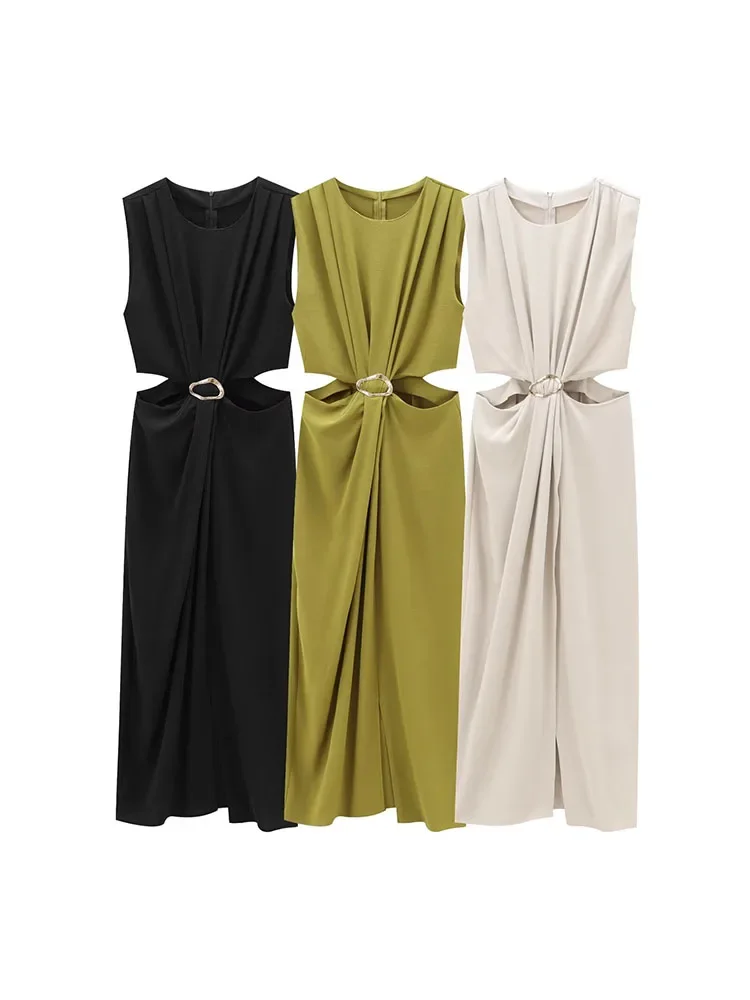 صيف جديد النساء الوافدين تصميم الأزياء مشبك الديكور أكمام فستان طويل بلون الإناث الخصر كاشفة فساتين