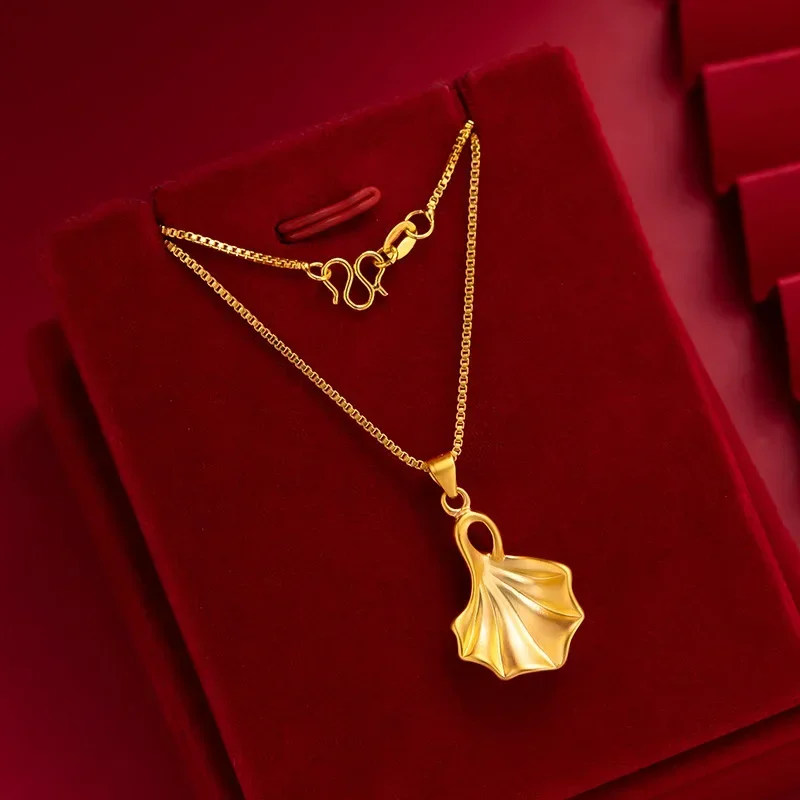 Real Gold Leaf Pendant Clavicle Chain, 24K Yellow Gold Ginkgo Leaf Necklace Pendant Fashion Jewelry Ladies Wedding Birthday Gift