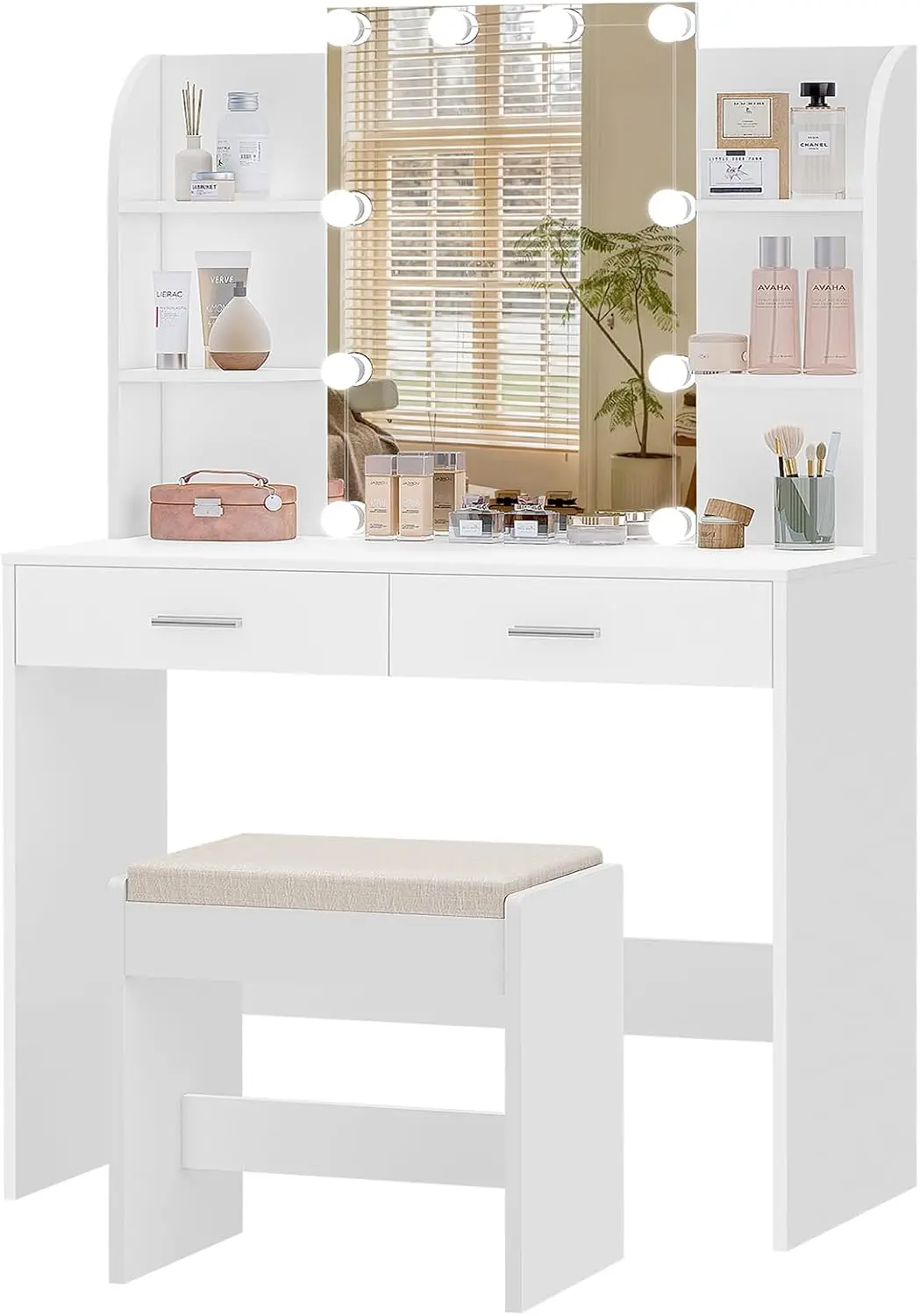 usikey Vanity Desk with Mirror & Lights, Makeup Vanity Table with 2 Large Drawers, 6 Storage Shelves & Stool, Bedroom Dressing V