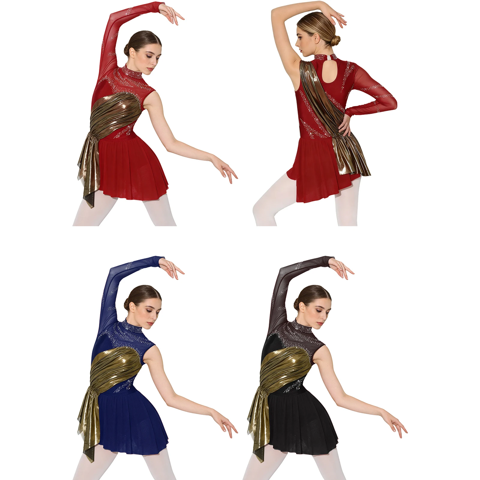 Women One Sleeve Metallic Shiny Rhinestone Mesh Figure Skating Leotard Dress Lyrical Dance Gymnastics Acrobatics Ballet Costume