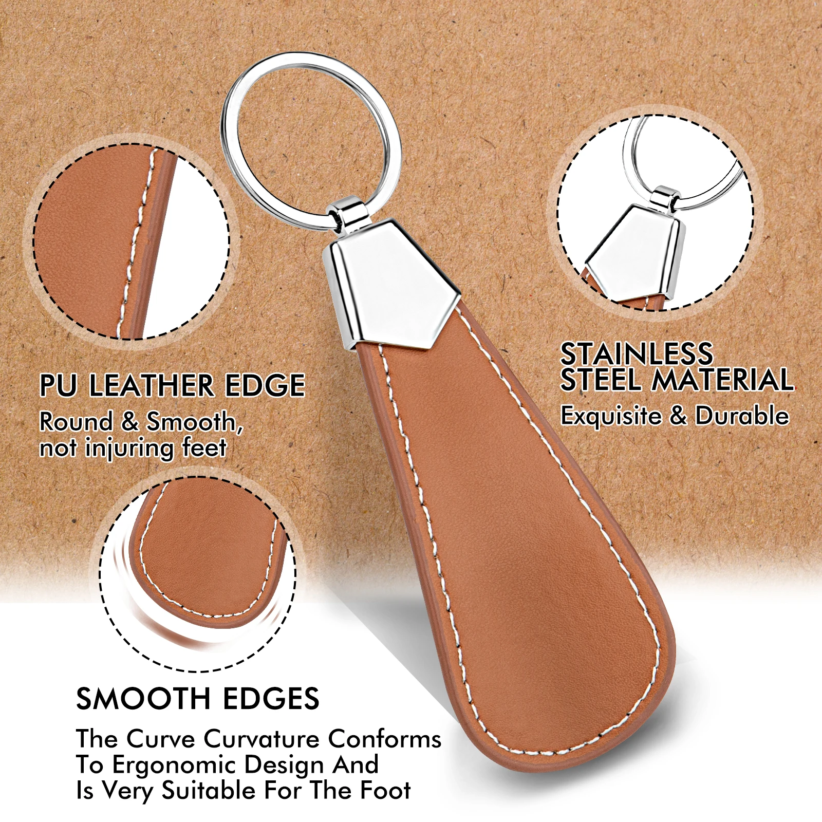 9.5cm portable brown Shoehorn Metal Durable Stainless Steel Faux Leather Easy Carry Fashion Mini Shoe Horns Accessories Key Ring